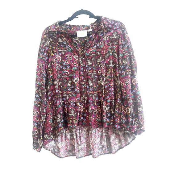 Maeve by Anthropologie Janie Button Front Top Burgundy with Floral Design - Picture 1 of 6